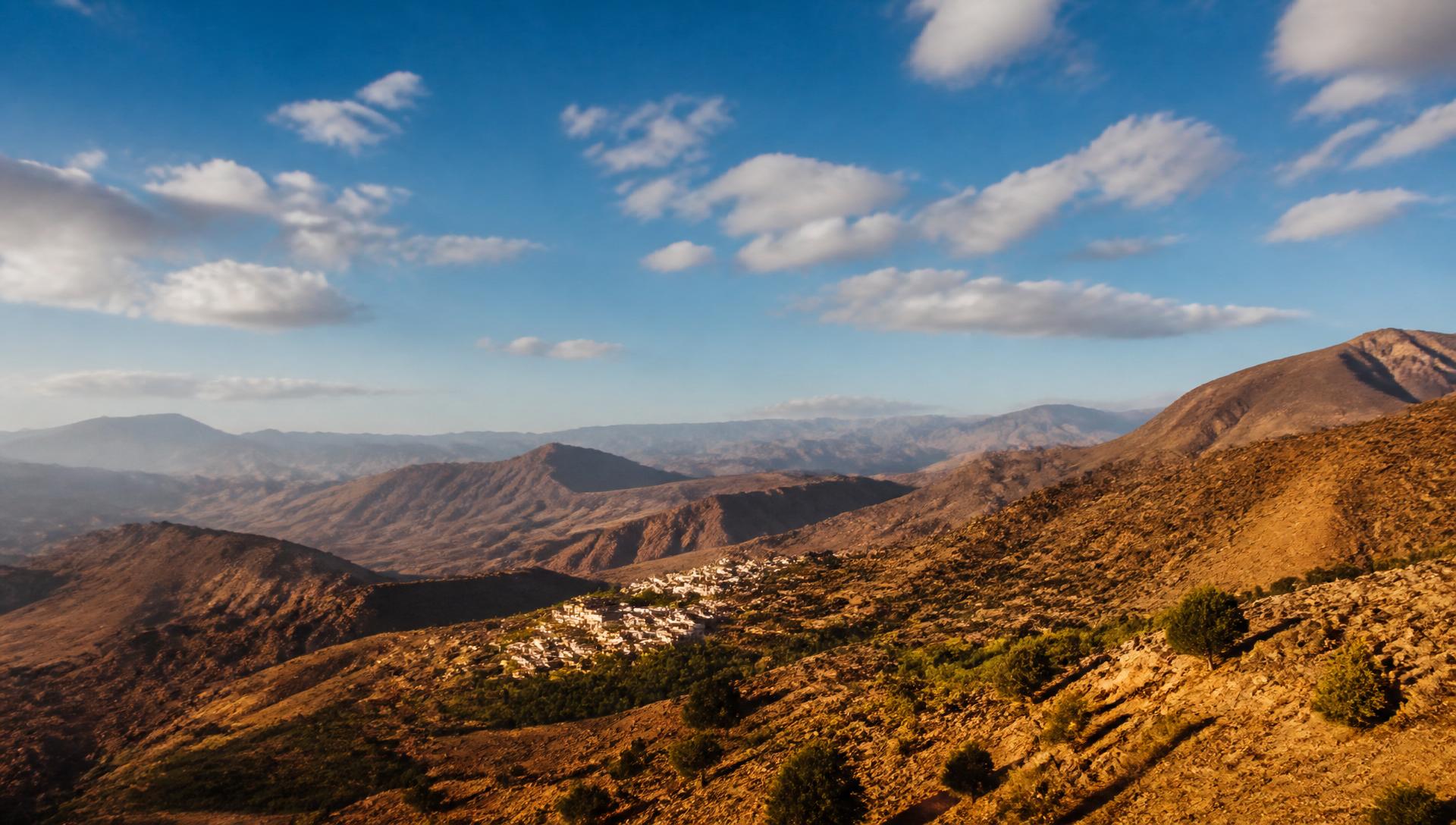 Aerial view of the Atlas Mountains at golden hour
